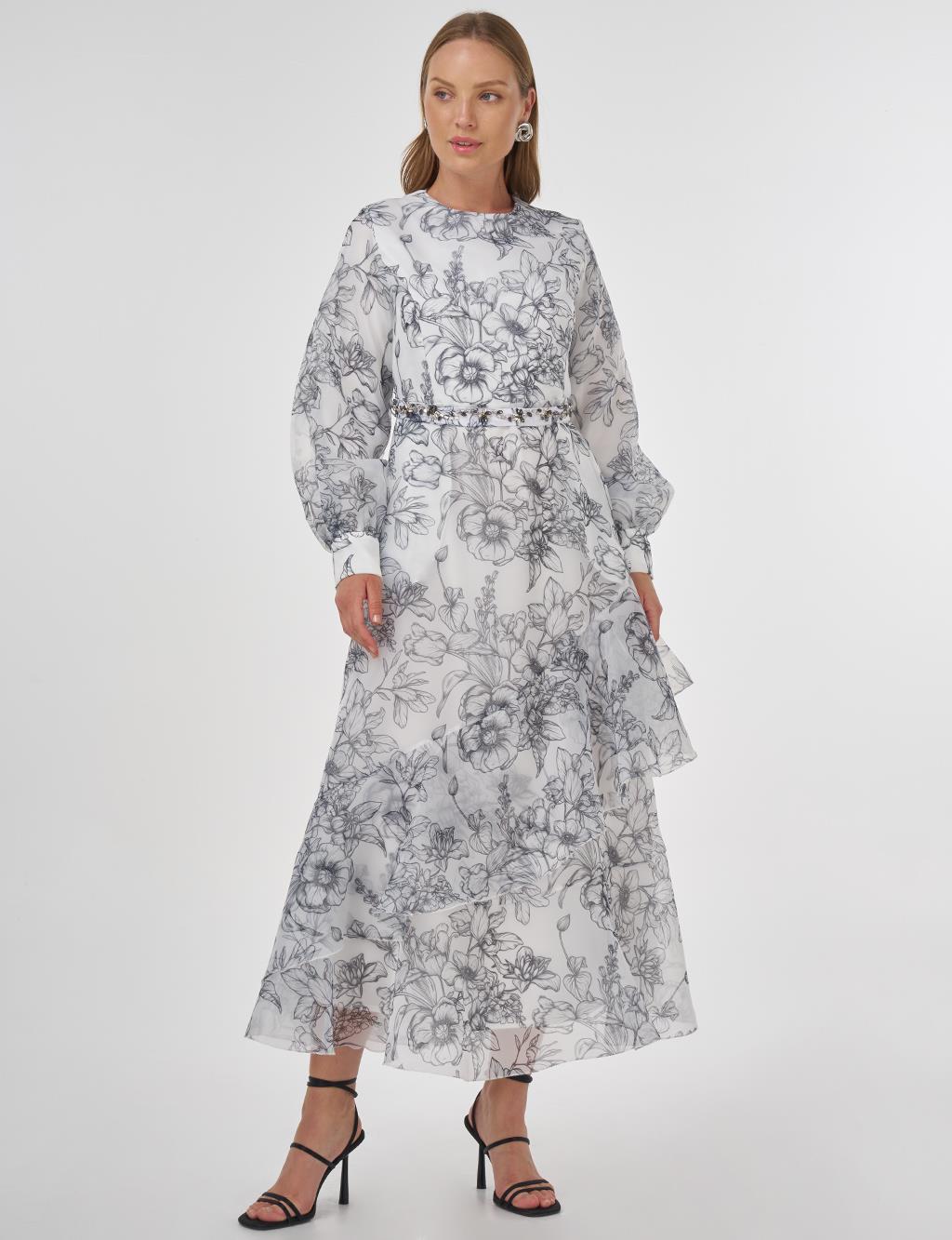 Floral Desen Organze Elbise Ekru 