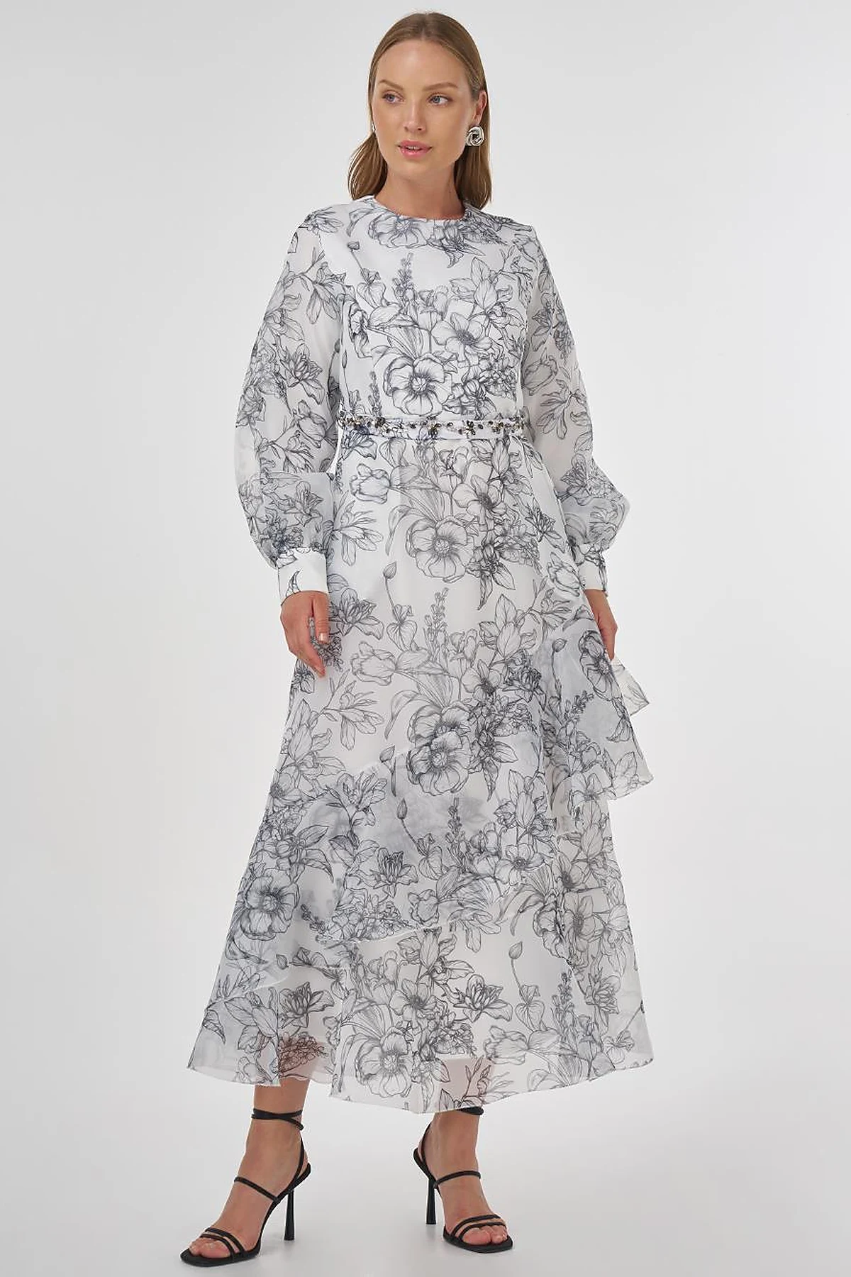 Floral Pattern Organza Dress Ecru