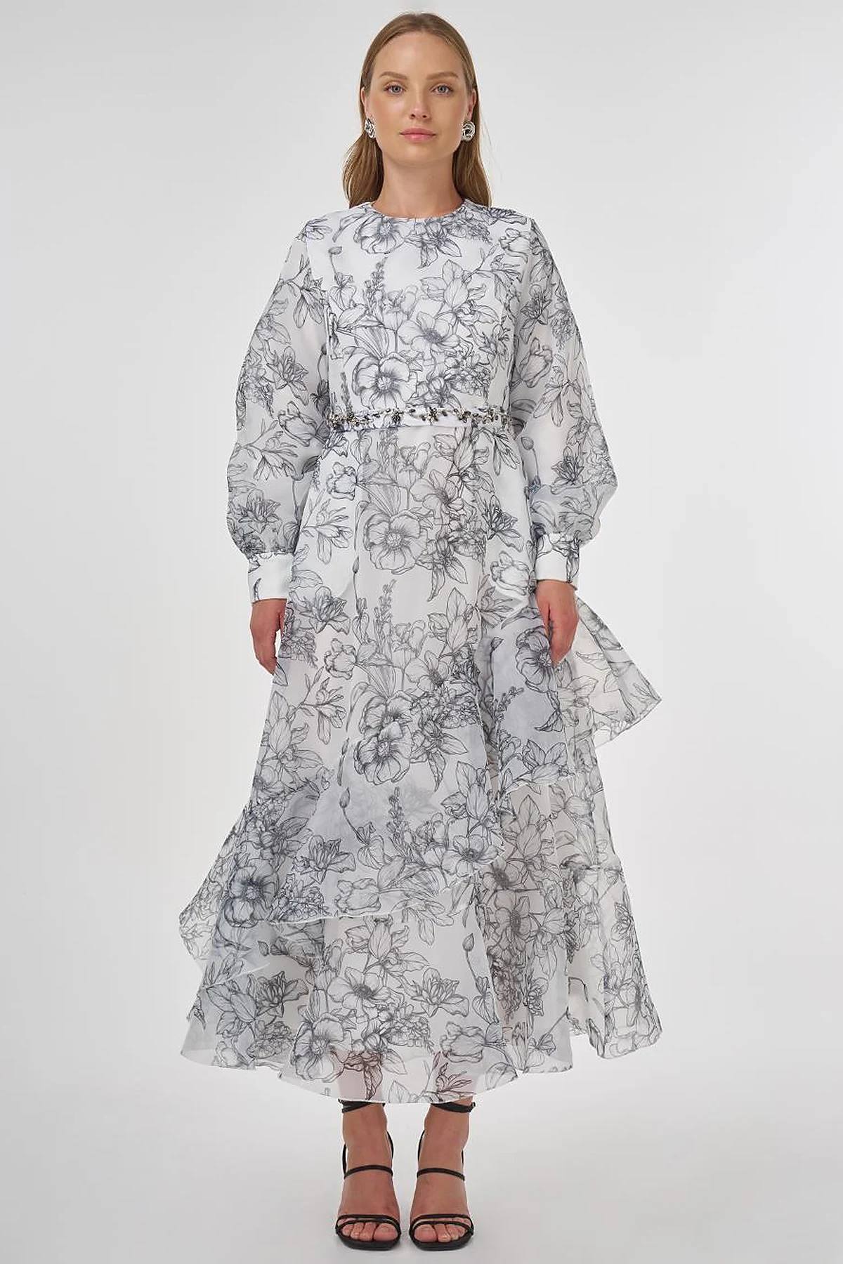 Floral Pattern Organza Dress Ecru
