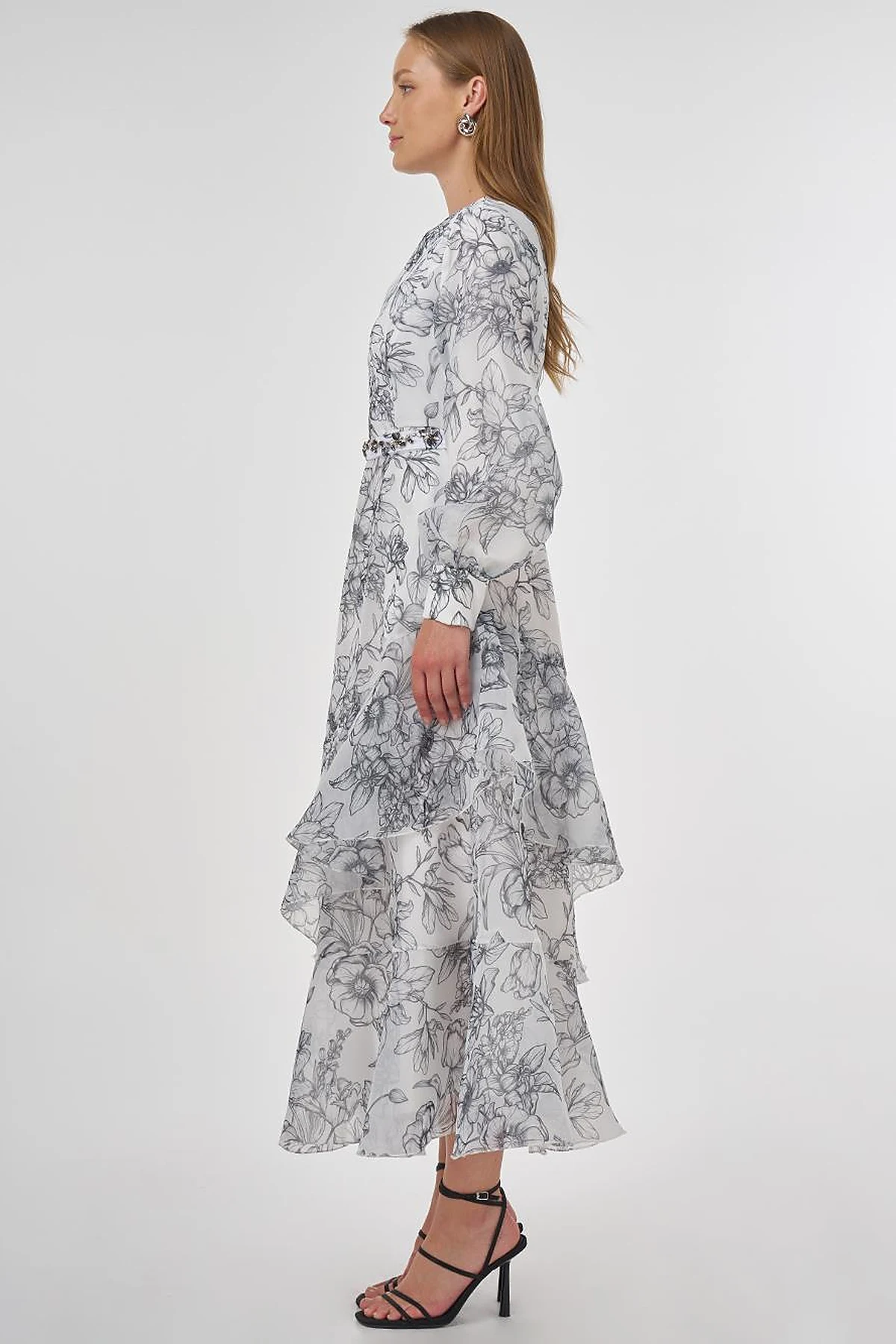 Floral Pattern Organza Dress Ecru
