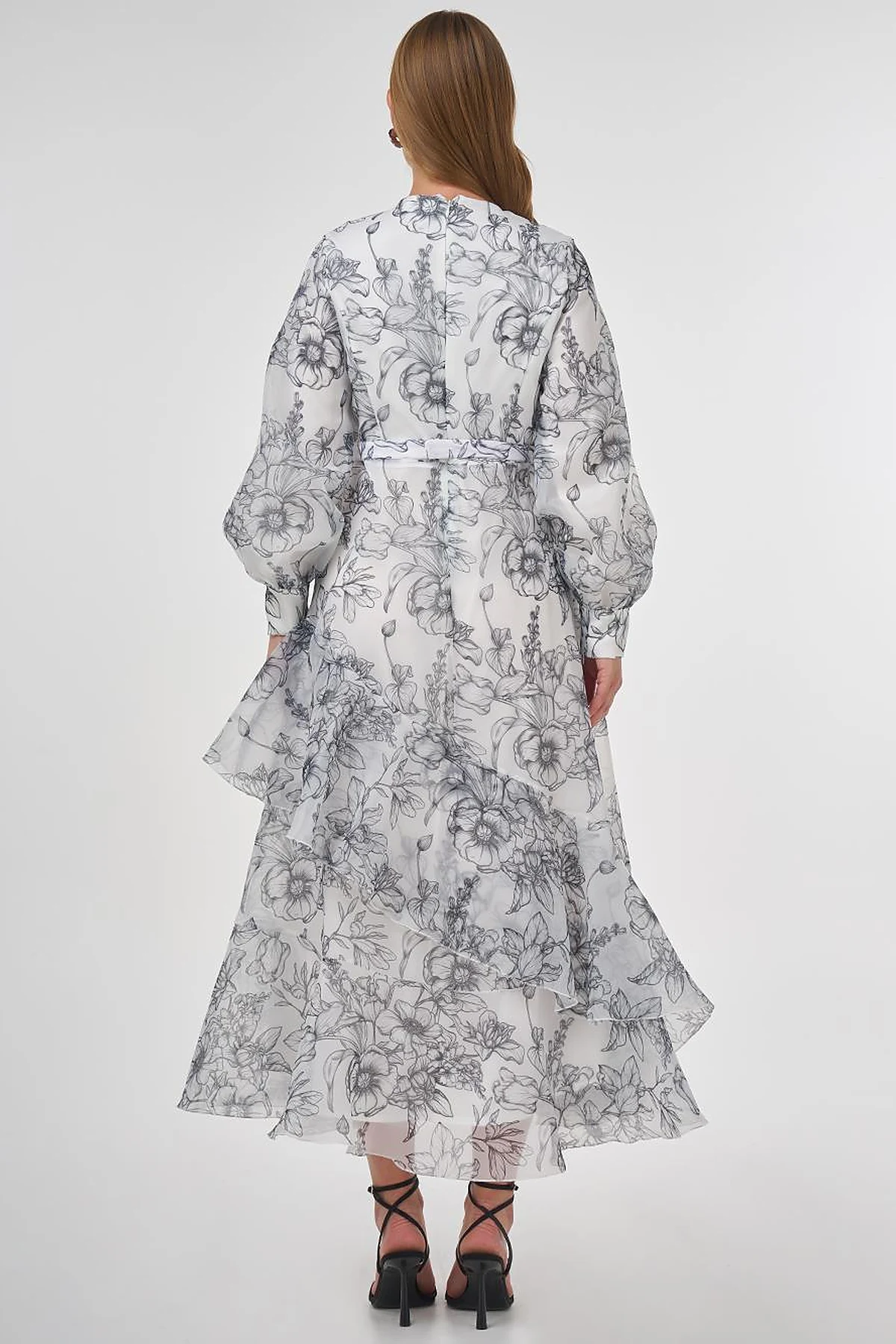 Floral Pattern Organza Dress Ecru