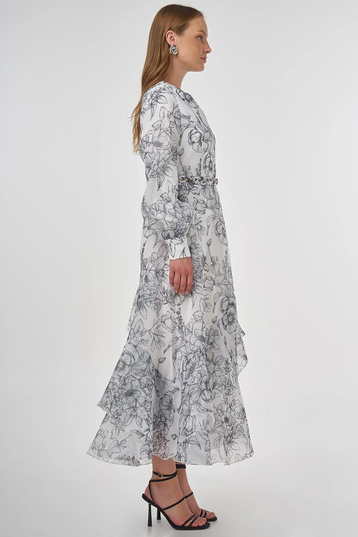 Floral Pattern Organza Dress Ecru