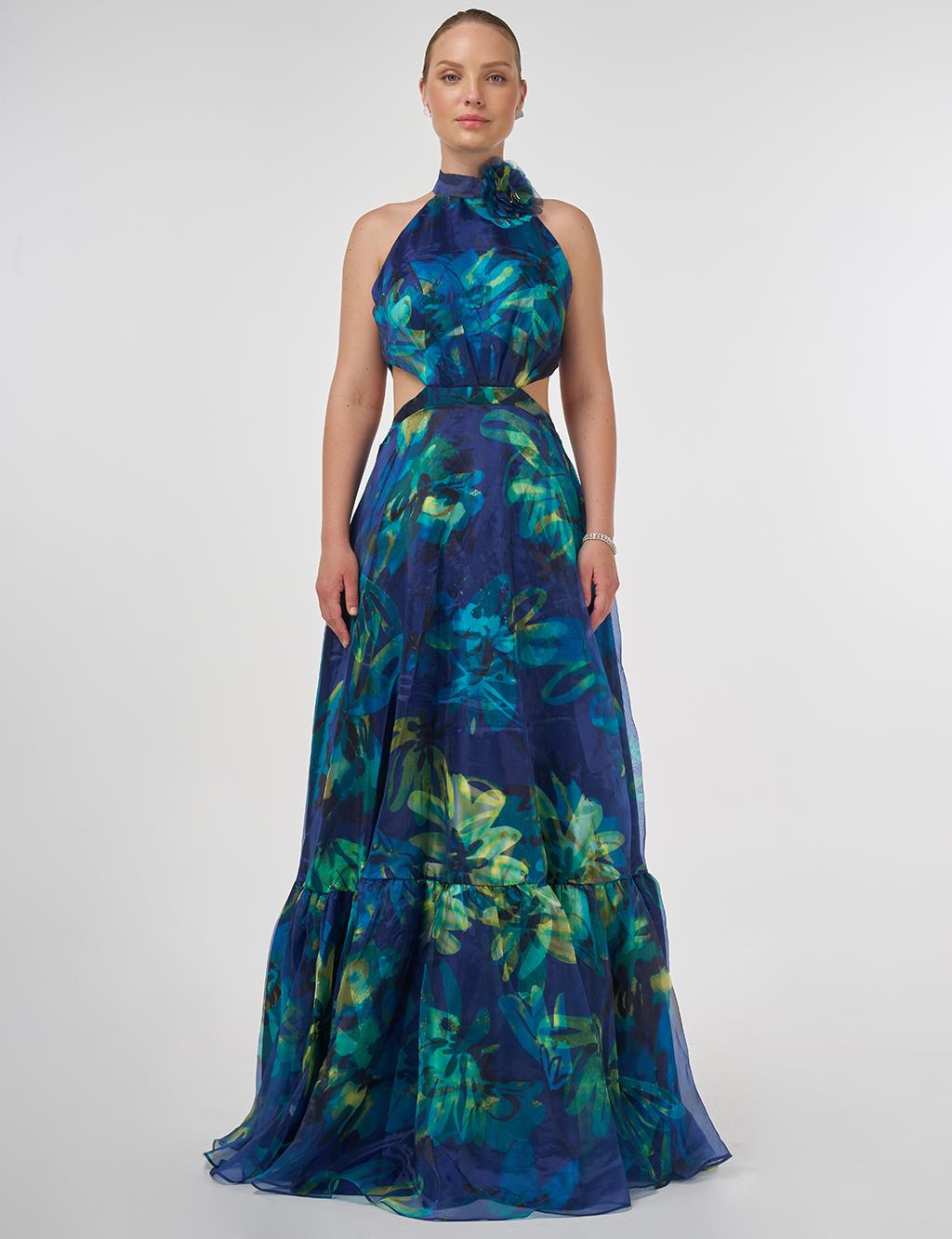 Abstract Pattern Ruffled Evening Dress Blue