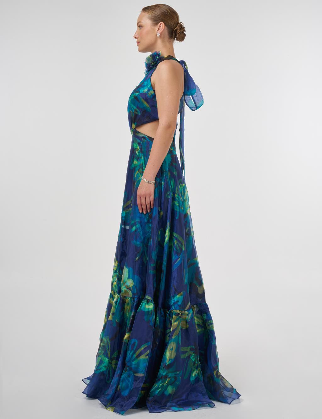 Abstract Pattern Ruffled Evening Dress Blue