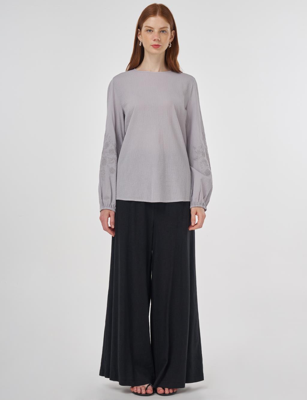 Crew Neck Cotton Blouse Light Grey