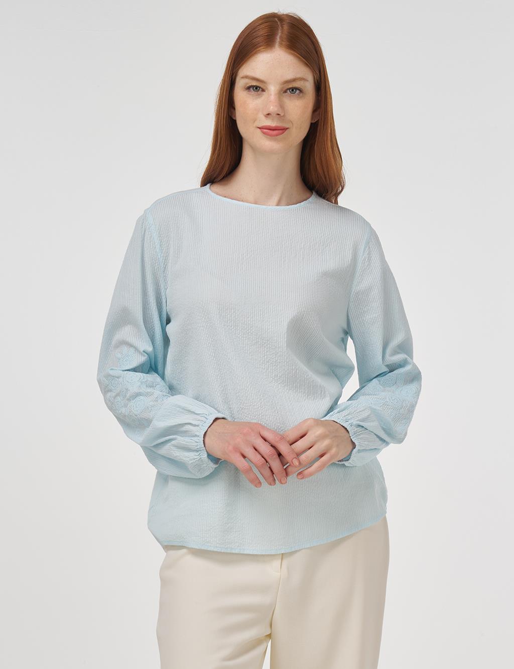 Crew Neck Cotton Blouse Ice Blue
