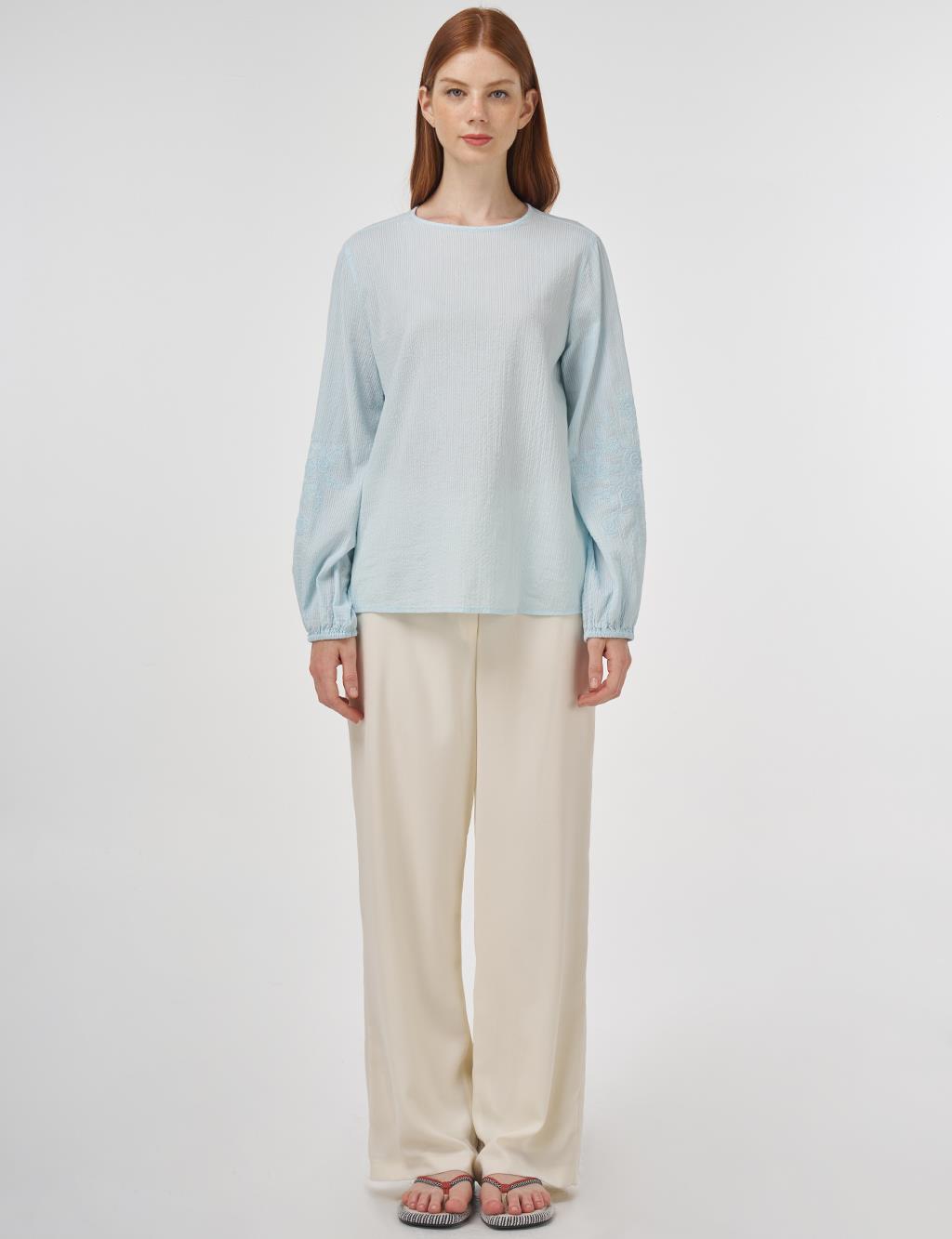 Crew Neck Cotton Blouse Ice Blue