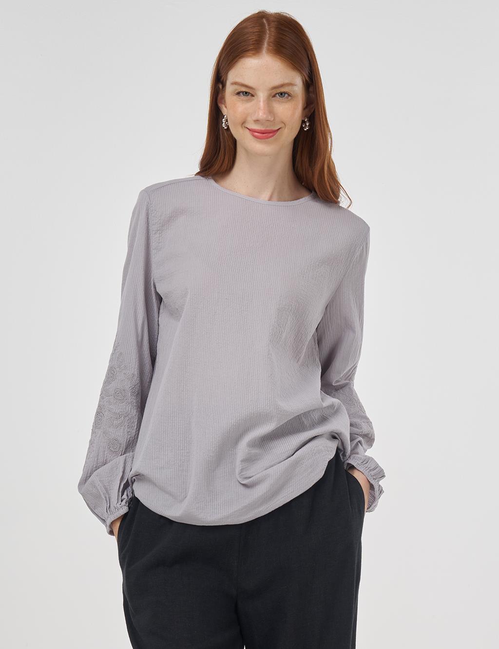 Crew Neck Cotton Blouse Light Grey