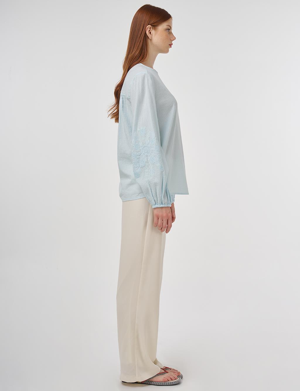Crew Neck Cotton Blouse Ice Blue