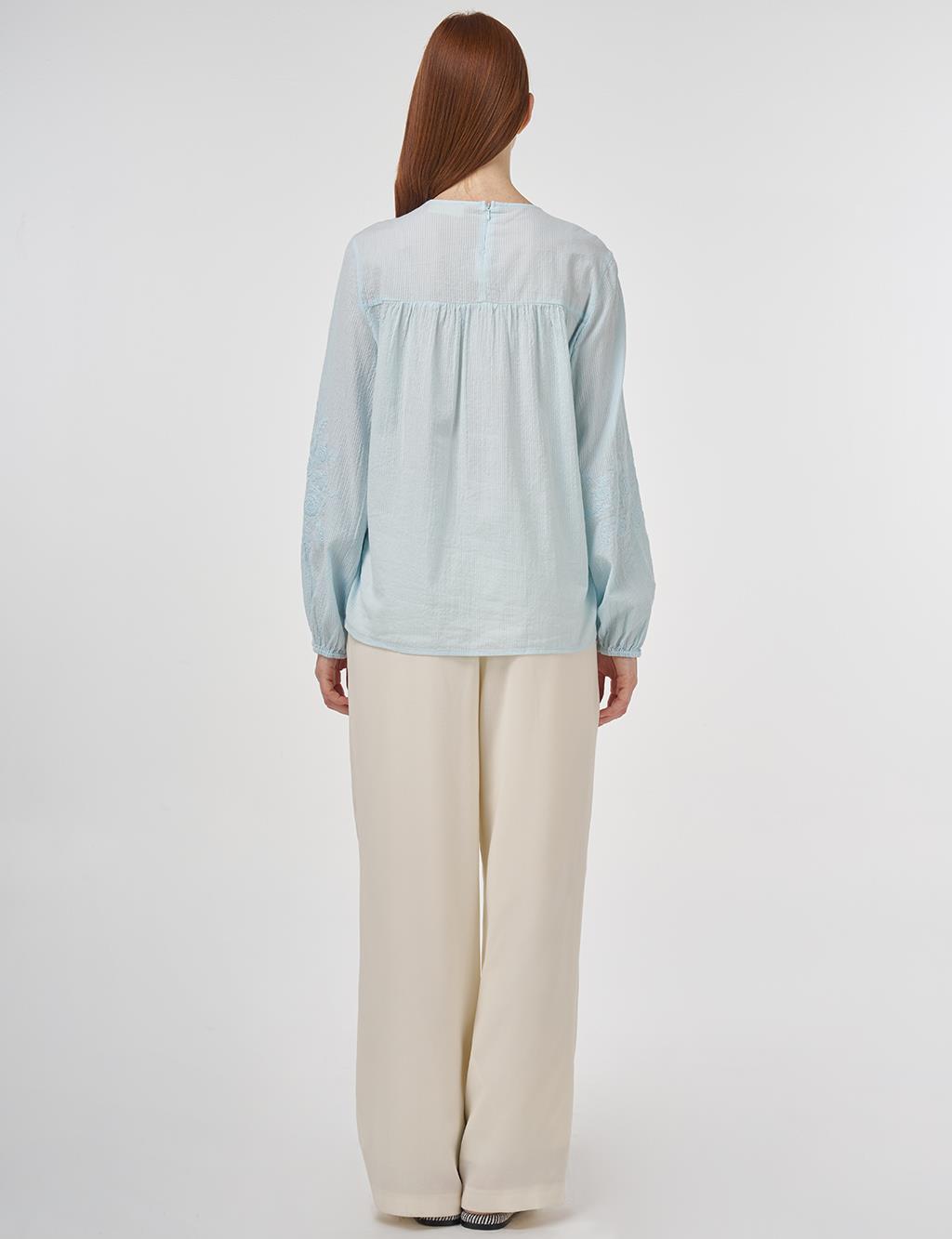 Crew Neck Cotton Blouse Ice Blue