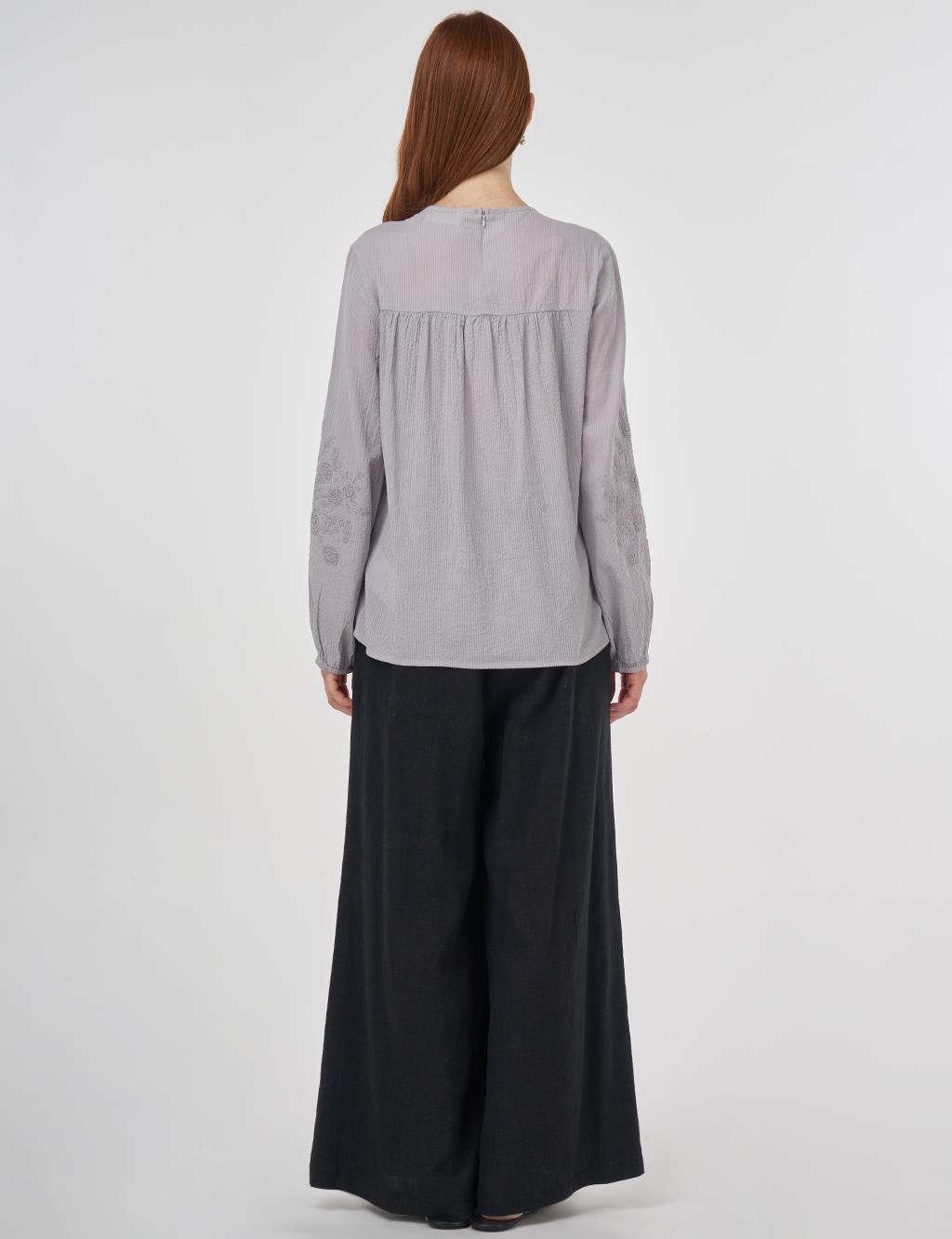 Crew Neck Cotton Blouse Light Grey