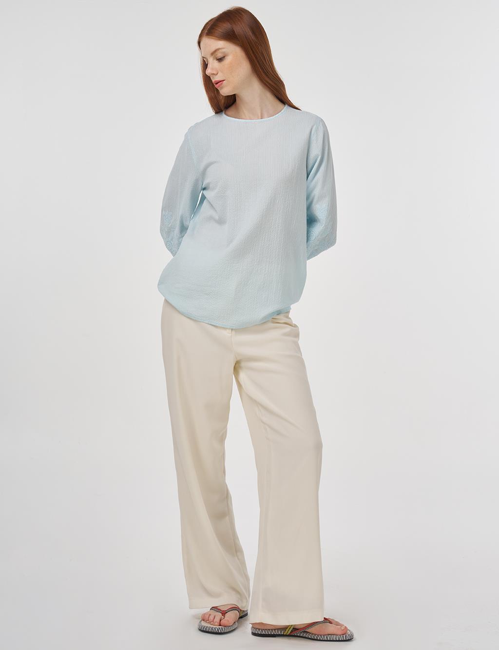 Crew Neck Cotton Blouse Ice Blue