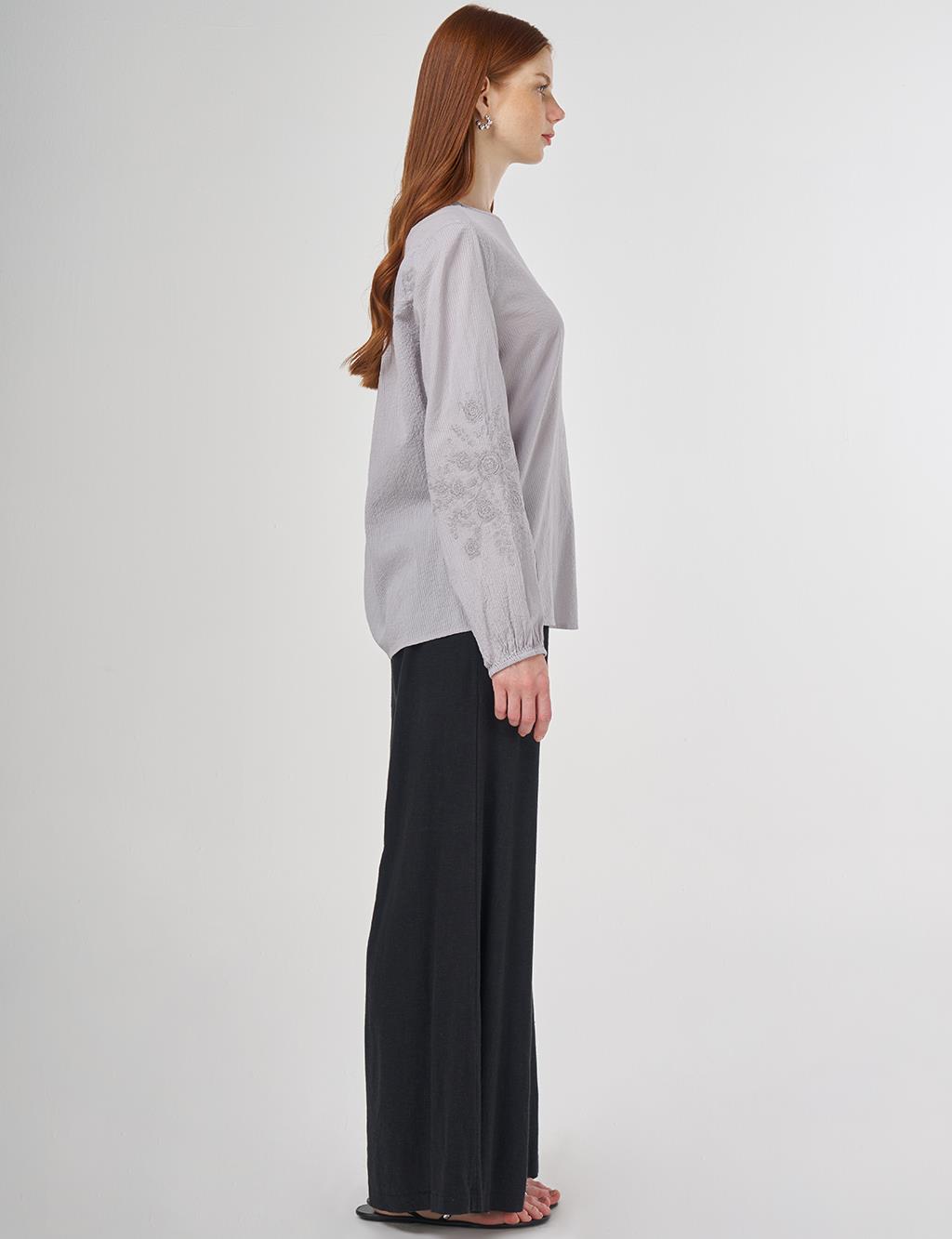 Crew Neck Cotton Blouse Light Grey