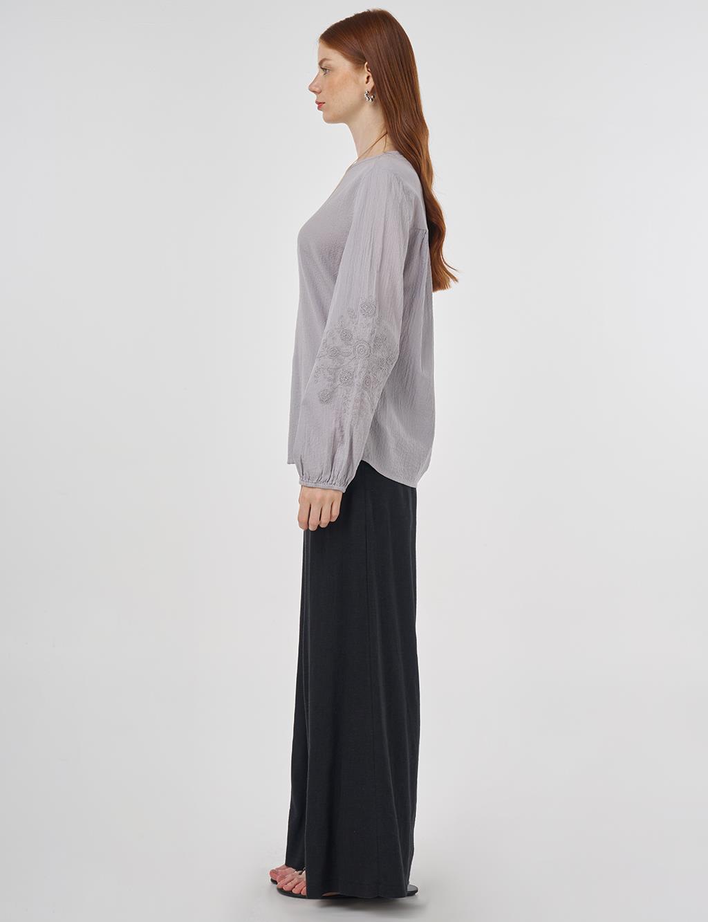 Crew Neck Cotton Blouse Light Grey