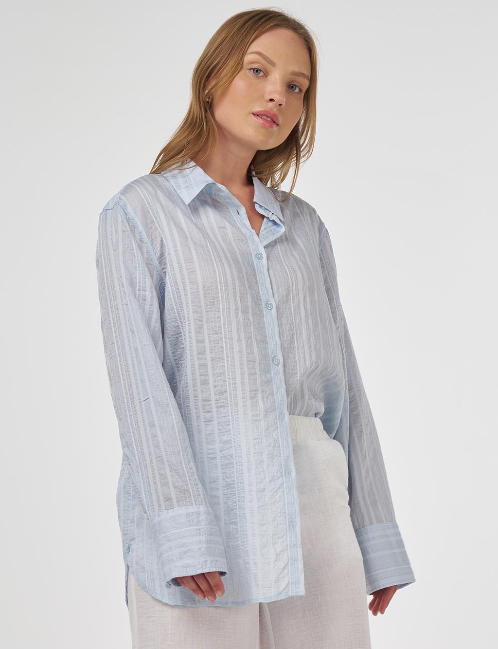 Striped Pattern Lyocell Tunic Ice Blue