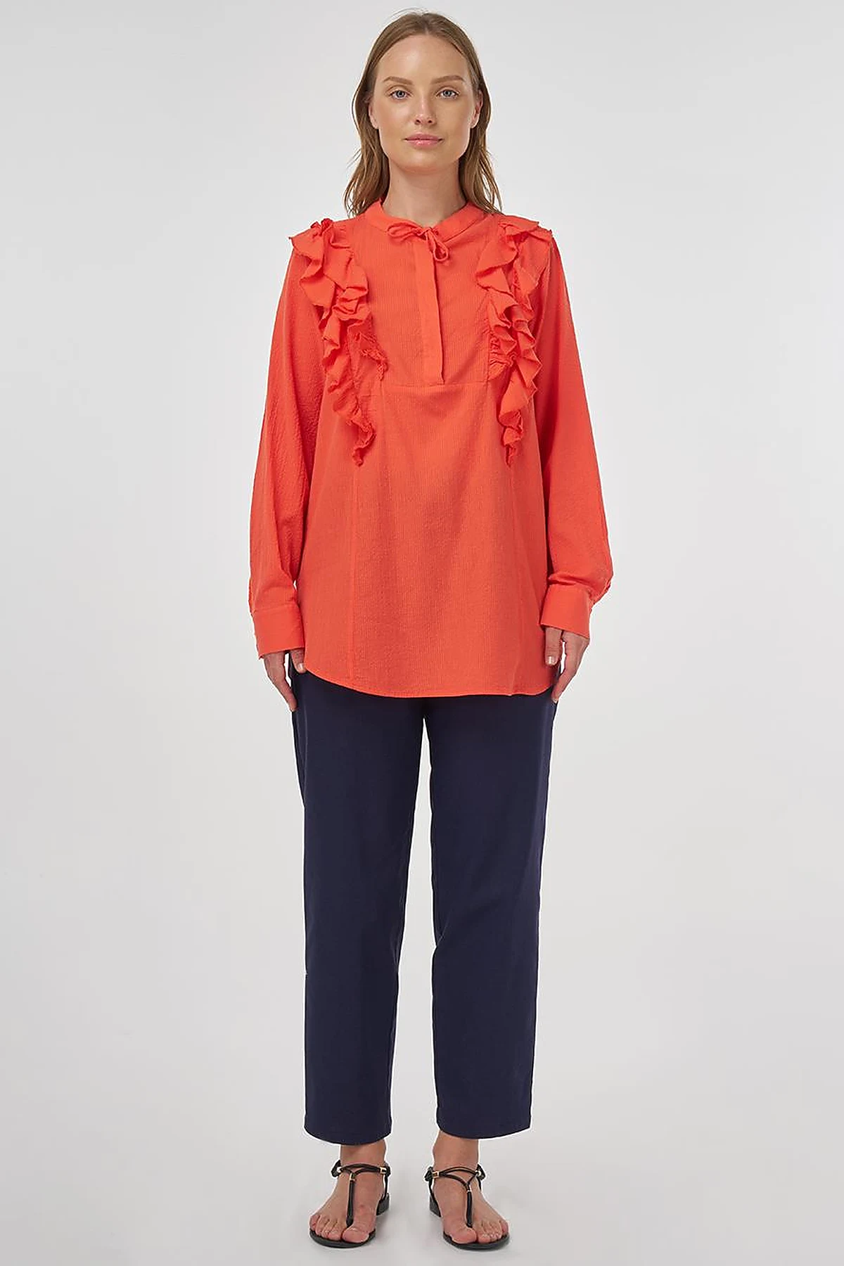 Ruffled Detail Cotton Tunic Poppy Red
