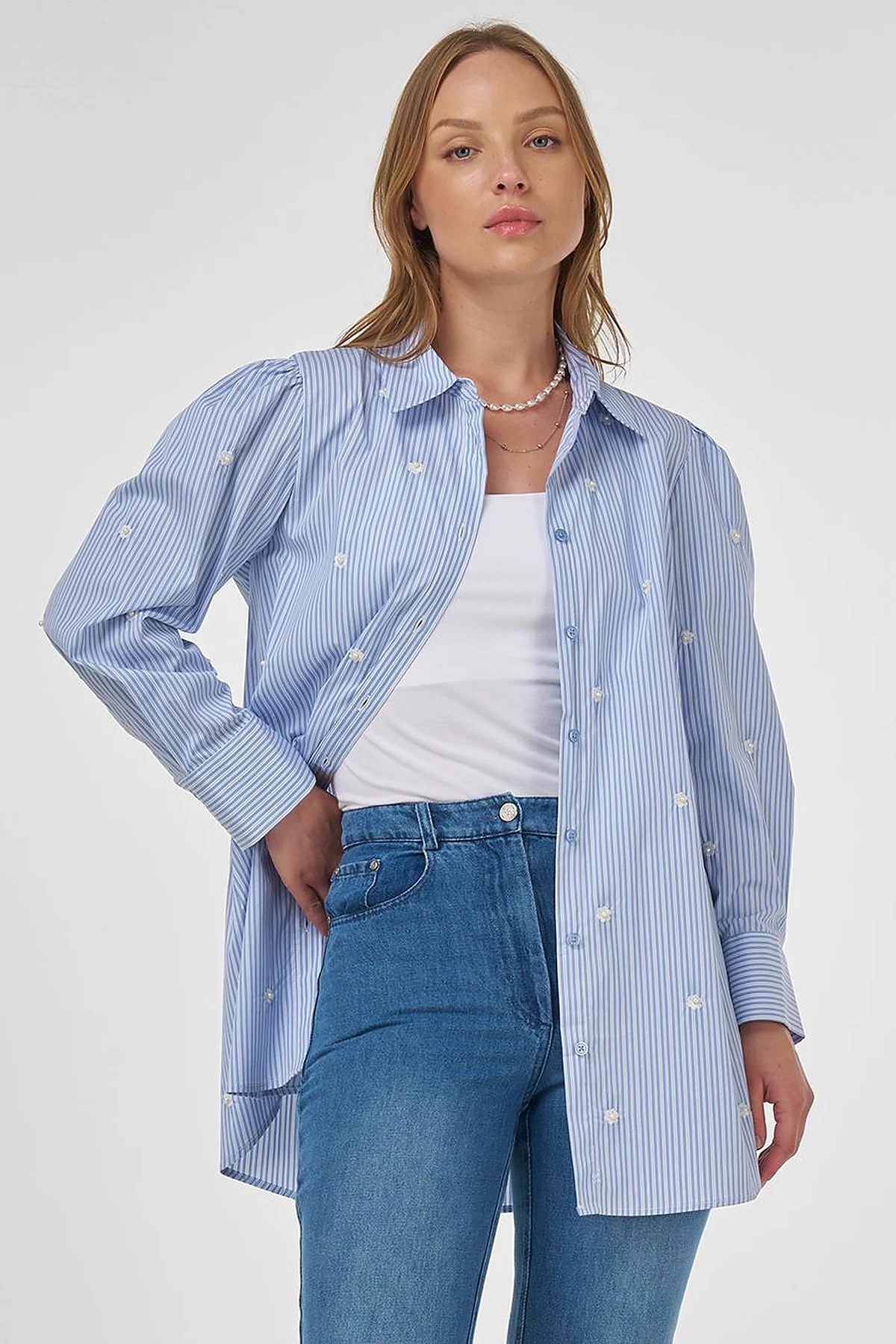 Pearl Detailed Viscose Tunic Blue