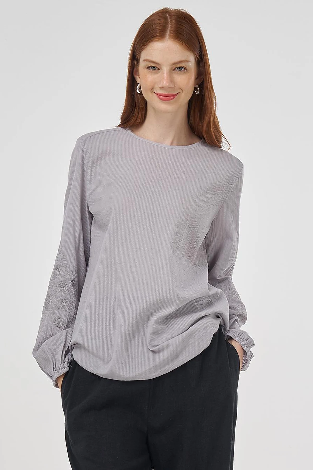 Crew Neck Cotton Blouse Light Grey