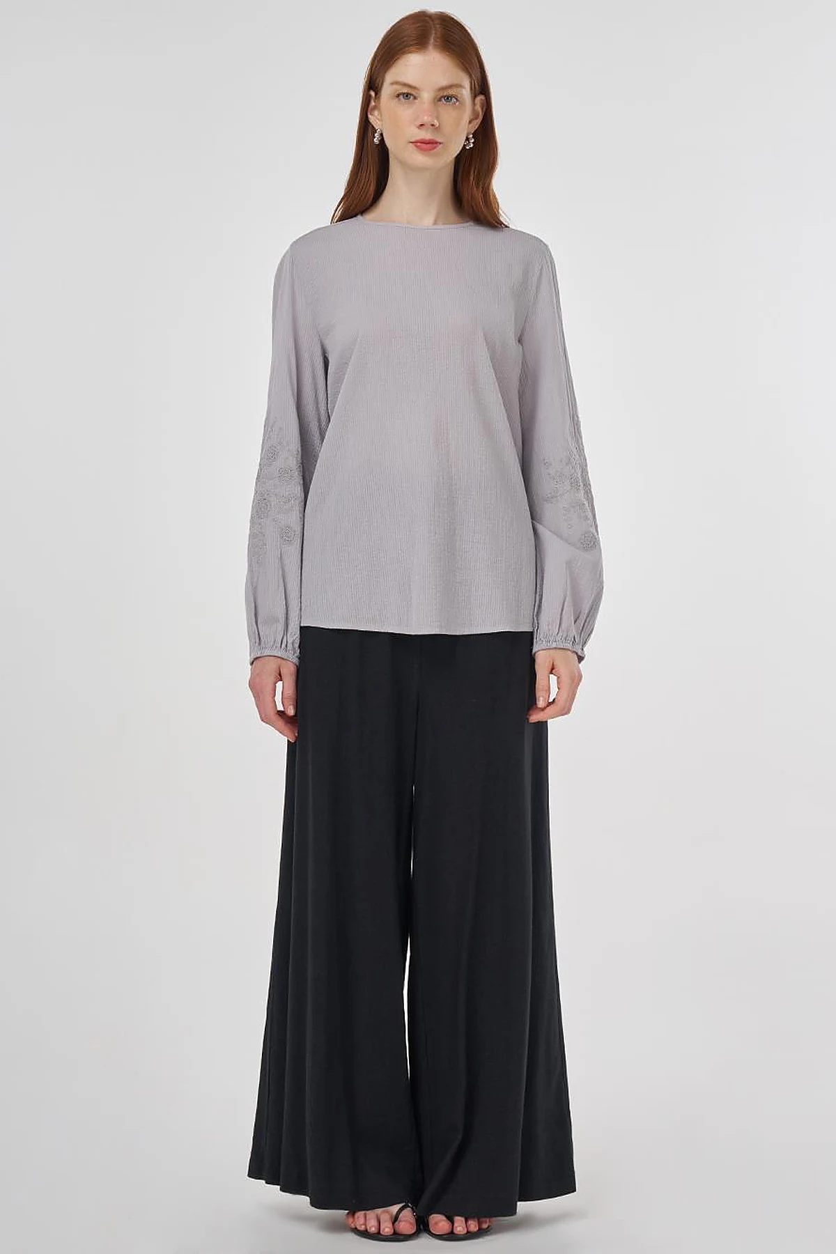 Crew Neck Cotton Blouse Light Grey