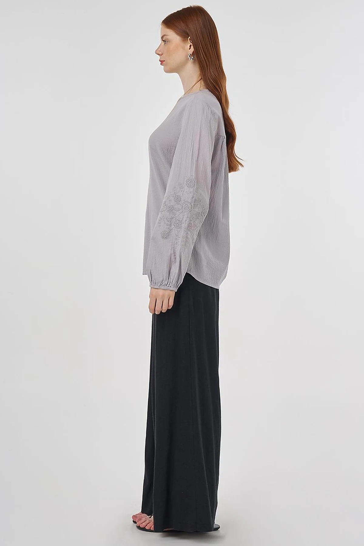 Crew Neck Cotton Blouse Light Grey