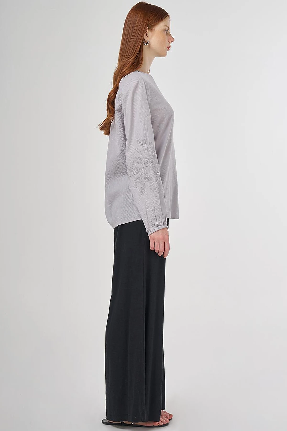 Crew Neck Cotton Blouse Light Grey