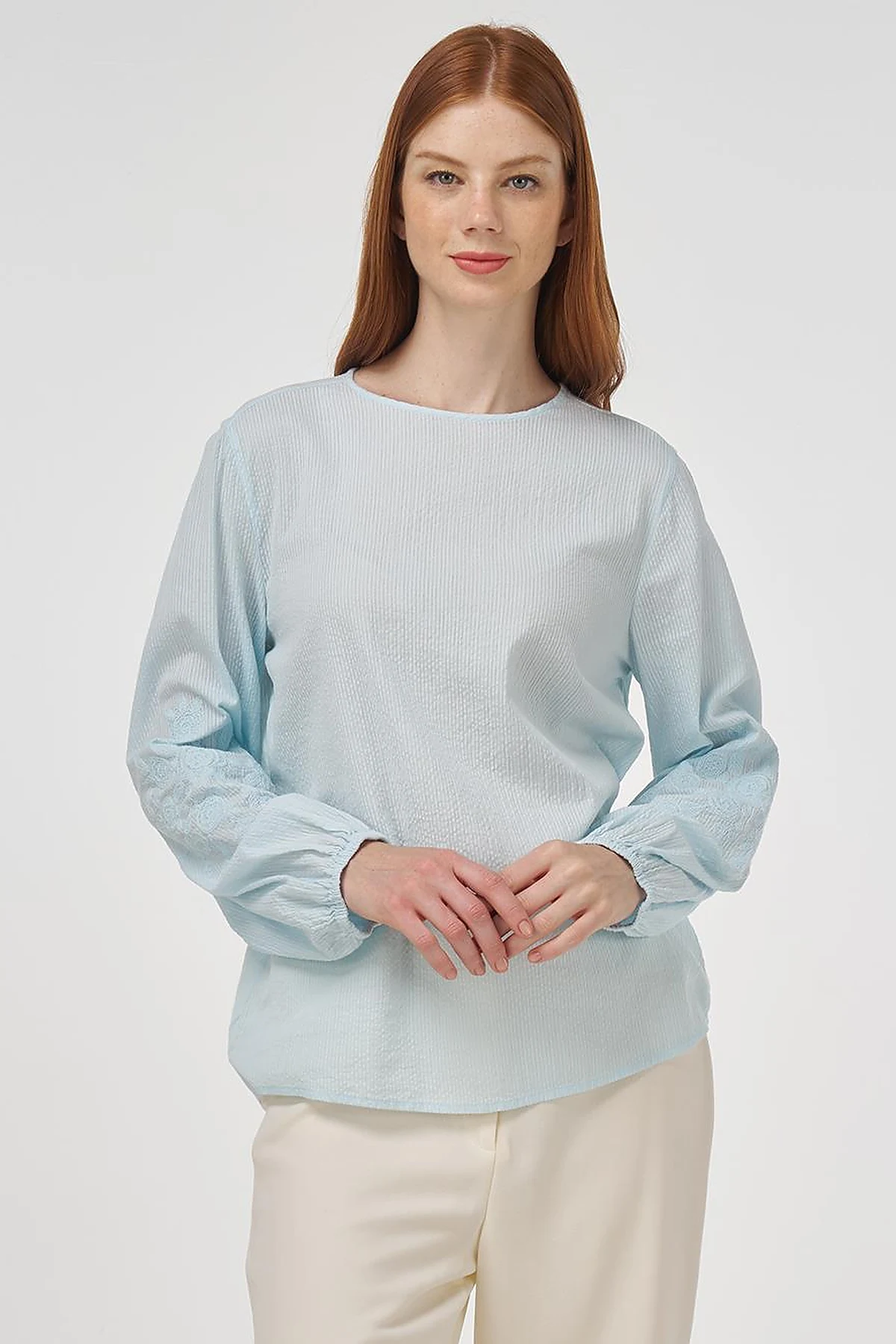 Crew Neck Cotton Blouse Ice Blue
