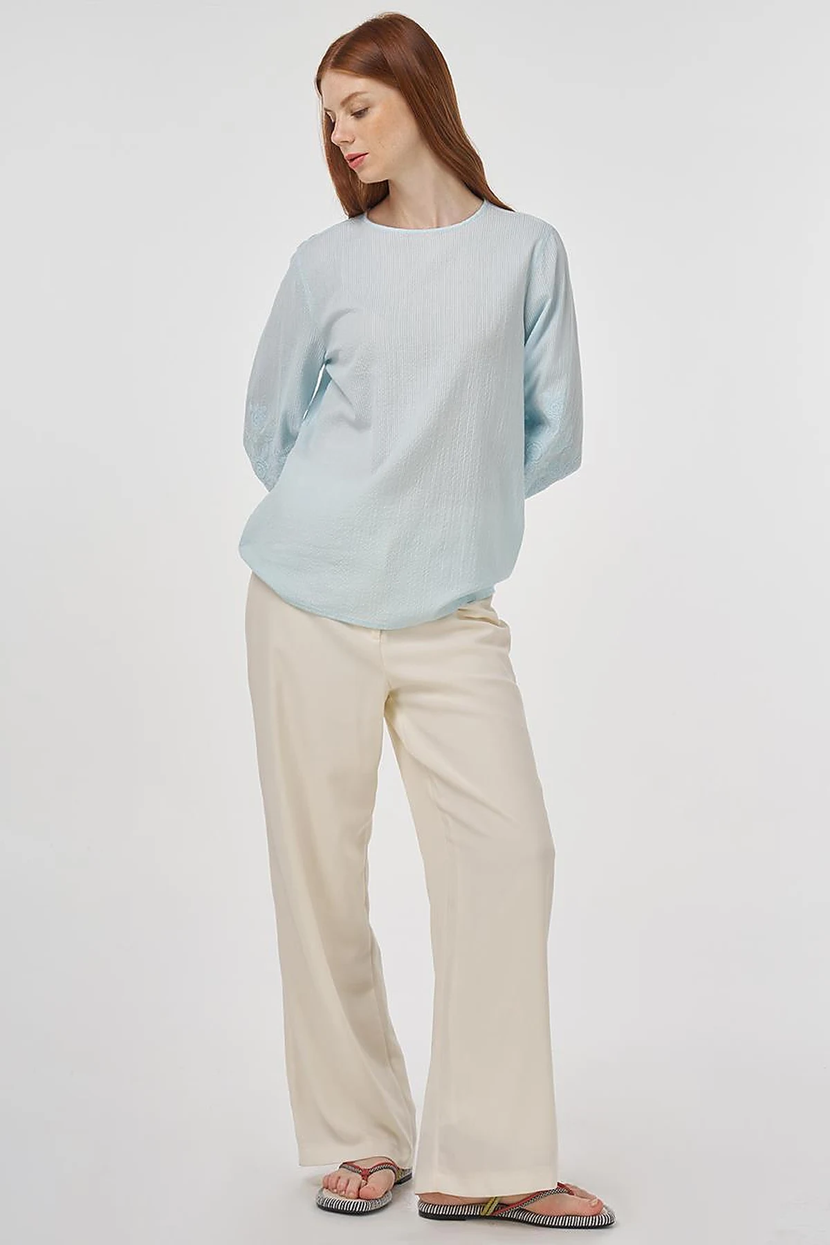 Crew Neck Cotton Blouse Ice Blue