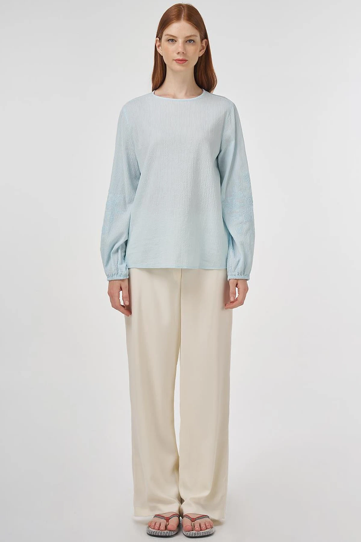 Crew Neck Cotton Blouse Ice Blue