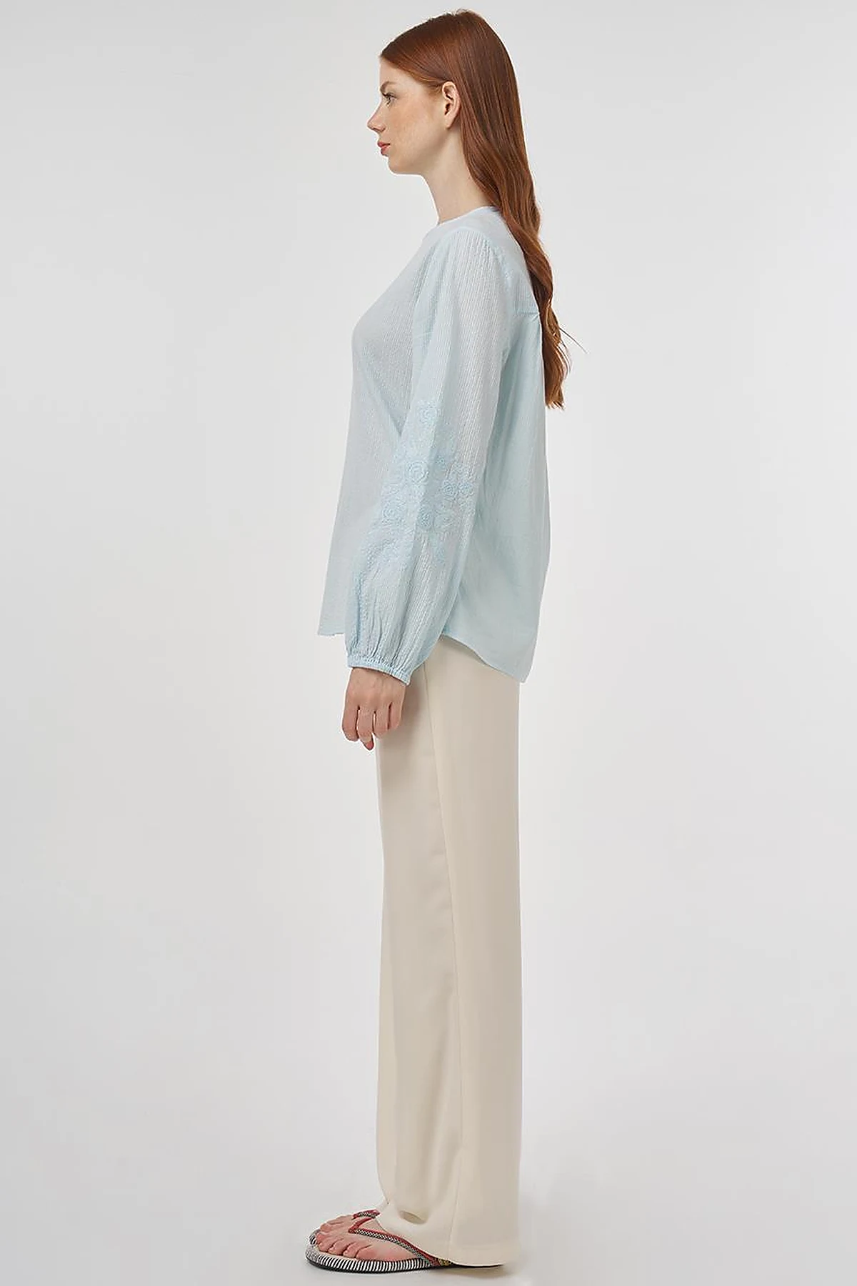 Crew Neck Cotton Blouse Ice Blue