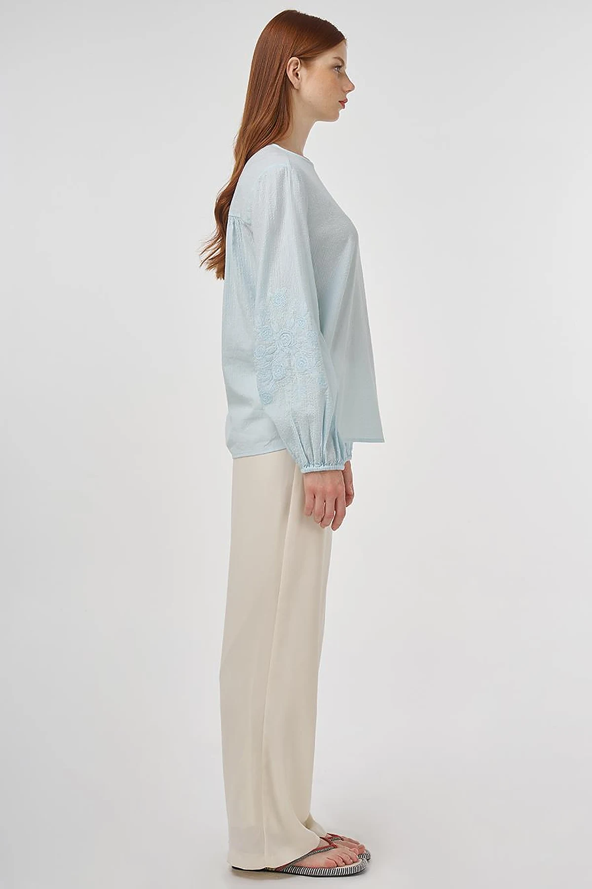 Crew Neck Cotton Blouse Ice Blue