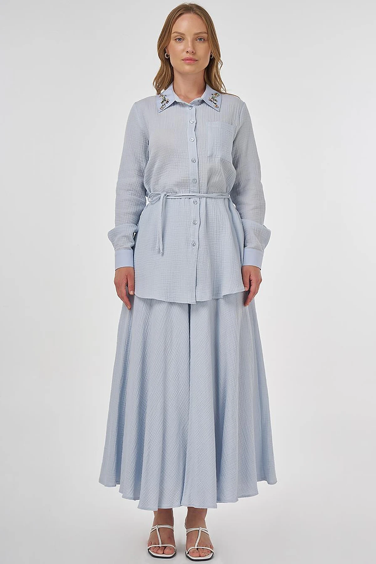 Stone-Embellished Collar Muslin Tunic Blue