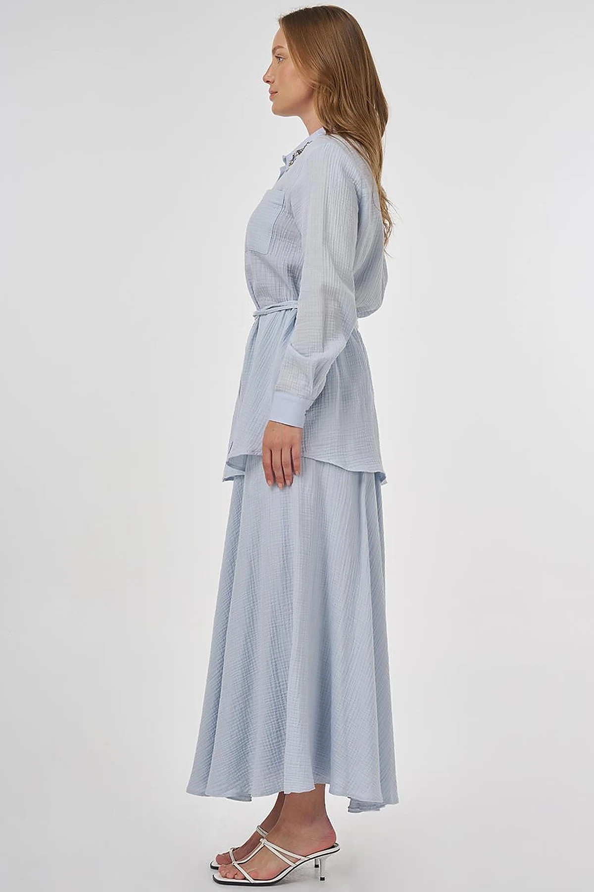 Stone-Embellished Collar Muslin Tunic Blue
