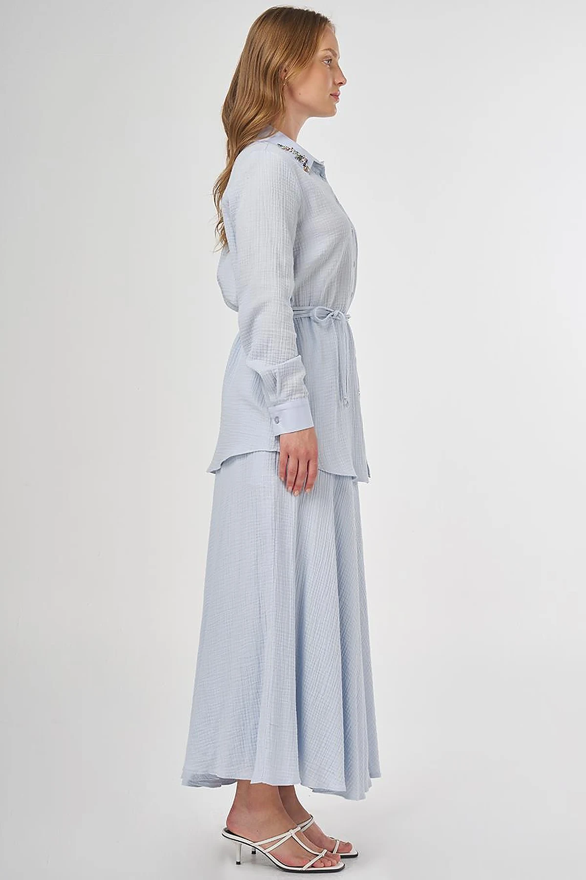 Stone-Embellished Collar Muslin Tunic Blue