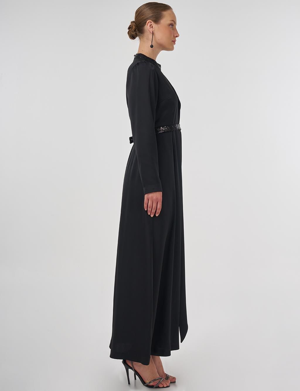 Embroidered Satin Draped Dress in Black
