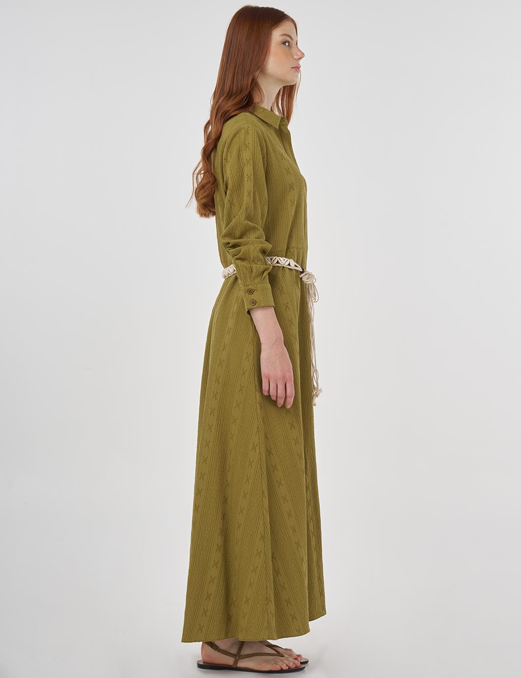 Belted Crinkled Dress in Khaki
