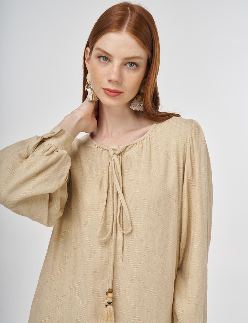 Drawstring Viscose-Linen Dress Beige
