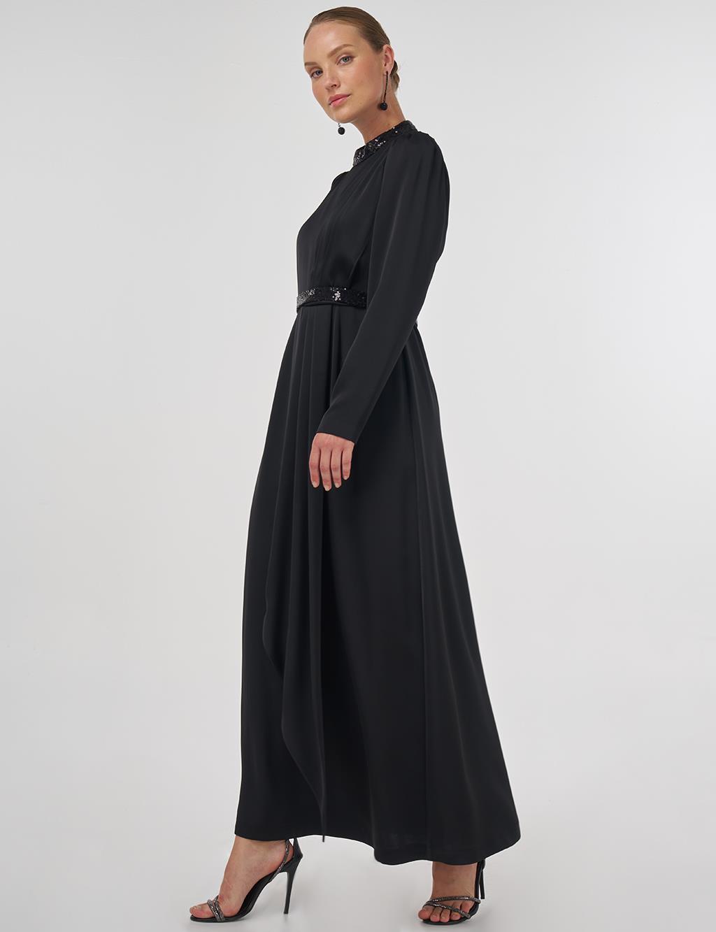 Embroidered Satin Draped Dress in Black