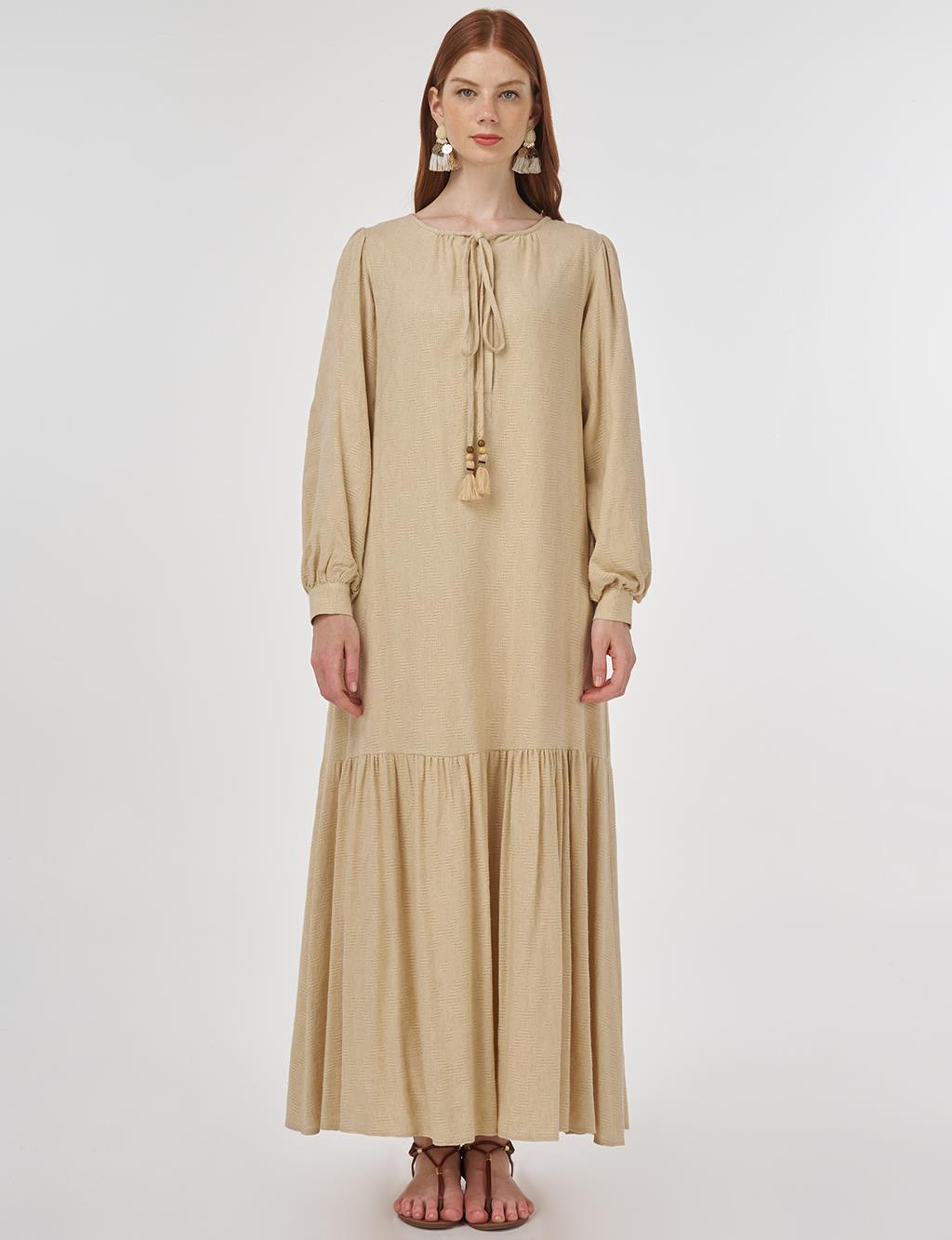 Drawstring Viscose-Linen Dress Beige