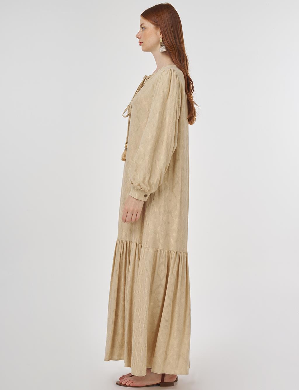 Drawstring Viscose-Linen Dress Beige