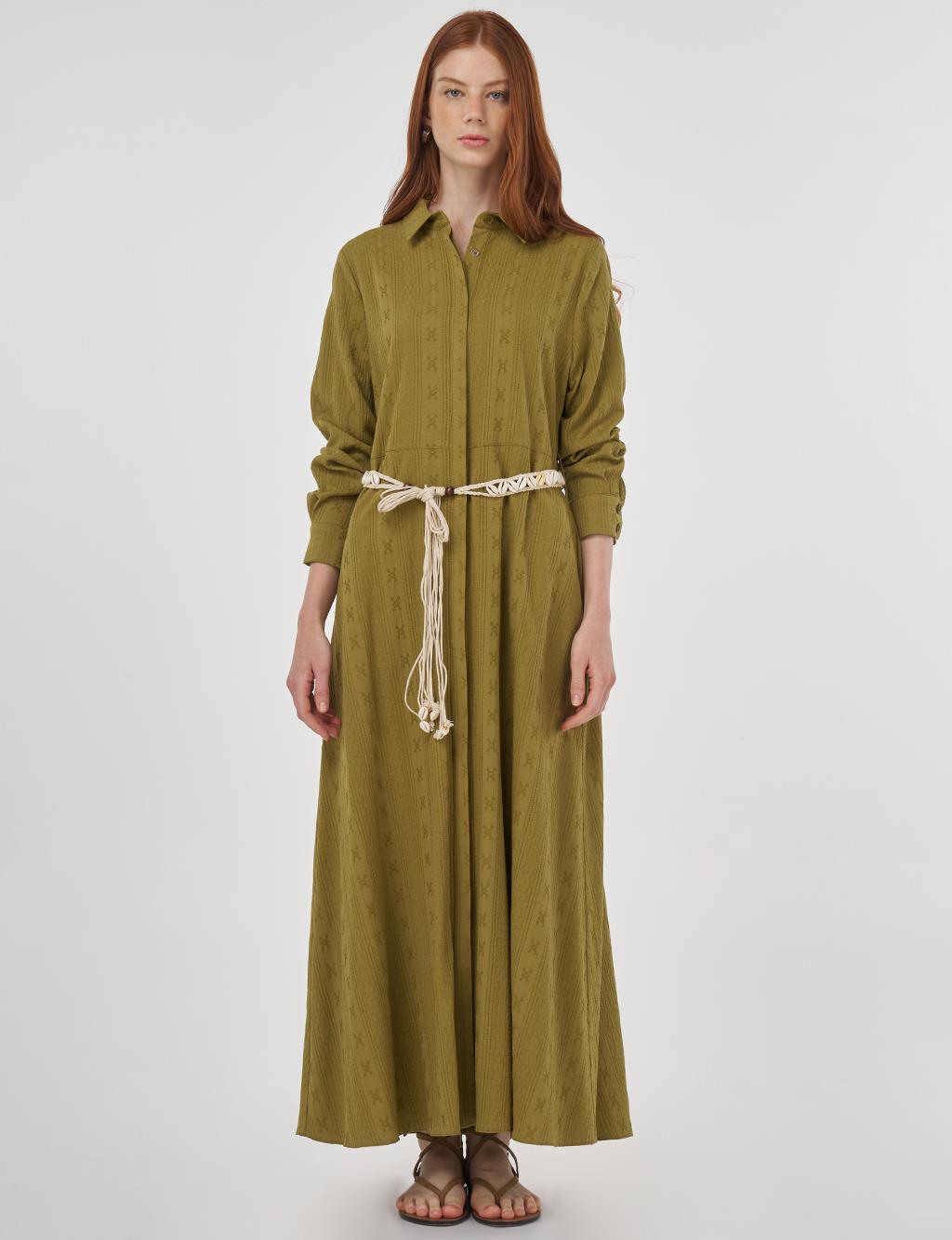 Belted Crinkled Dress in Khaki