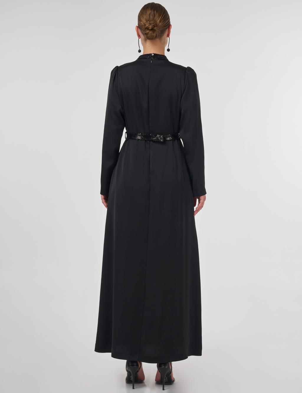 Embroidered Satin Draped Dress in Black