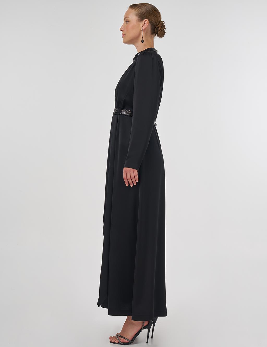 Embroidered Satin Draped Dress in Black