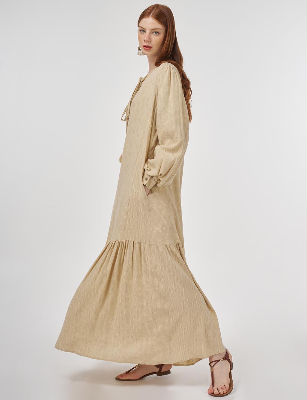Drawstring Viscose-Linen Dress Beige