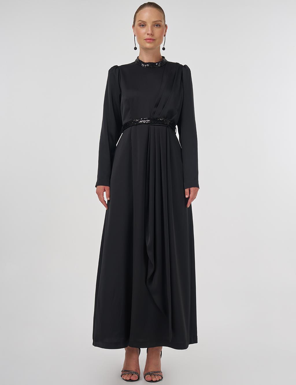 Embroidered Satin Draped Dress in Black