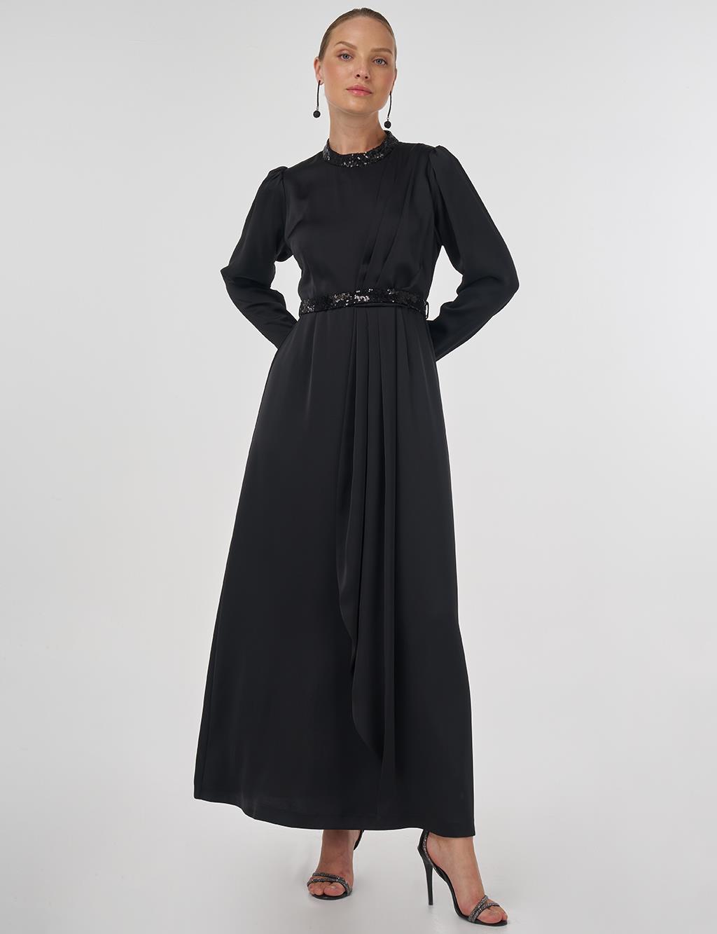 Embroidered Satin Draped Dress in Black