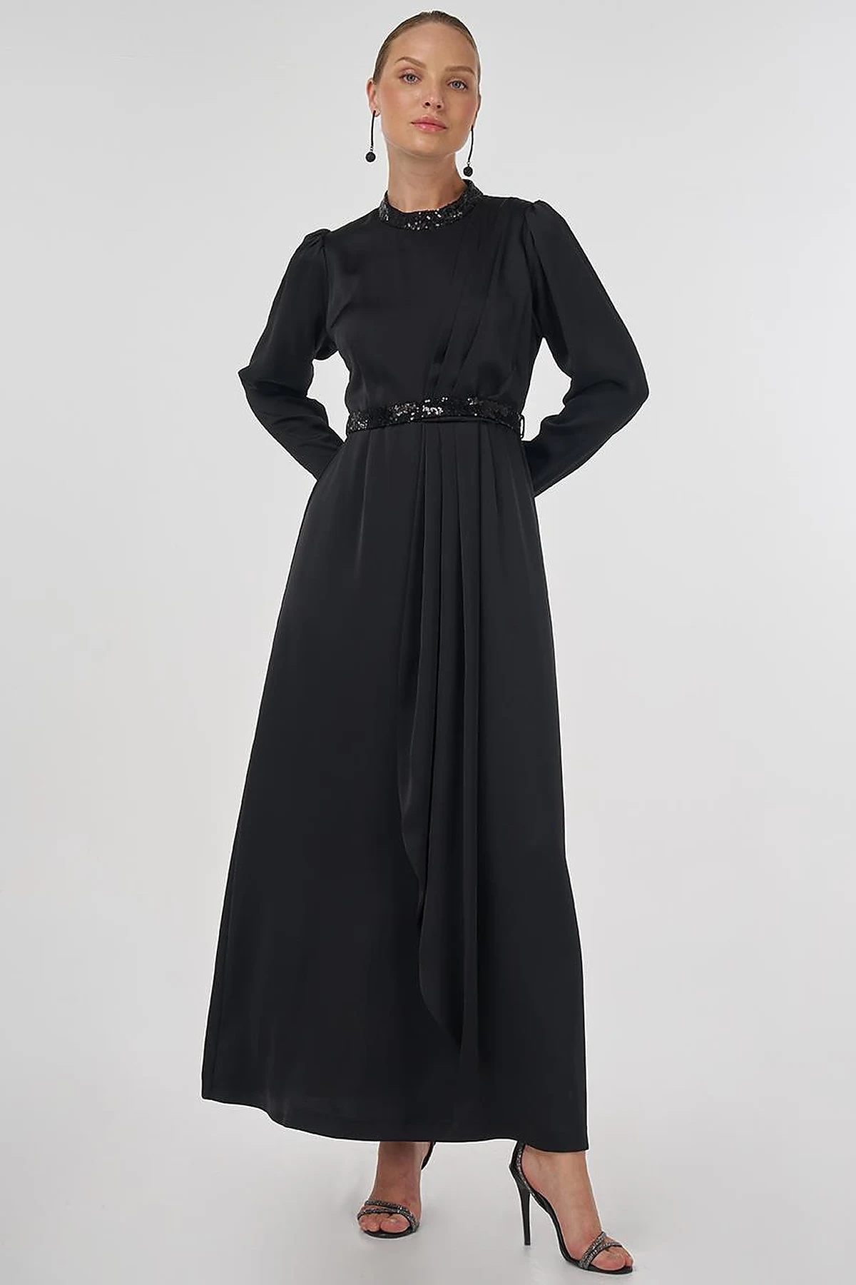 Embroidered Satin Draped Dress in Black