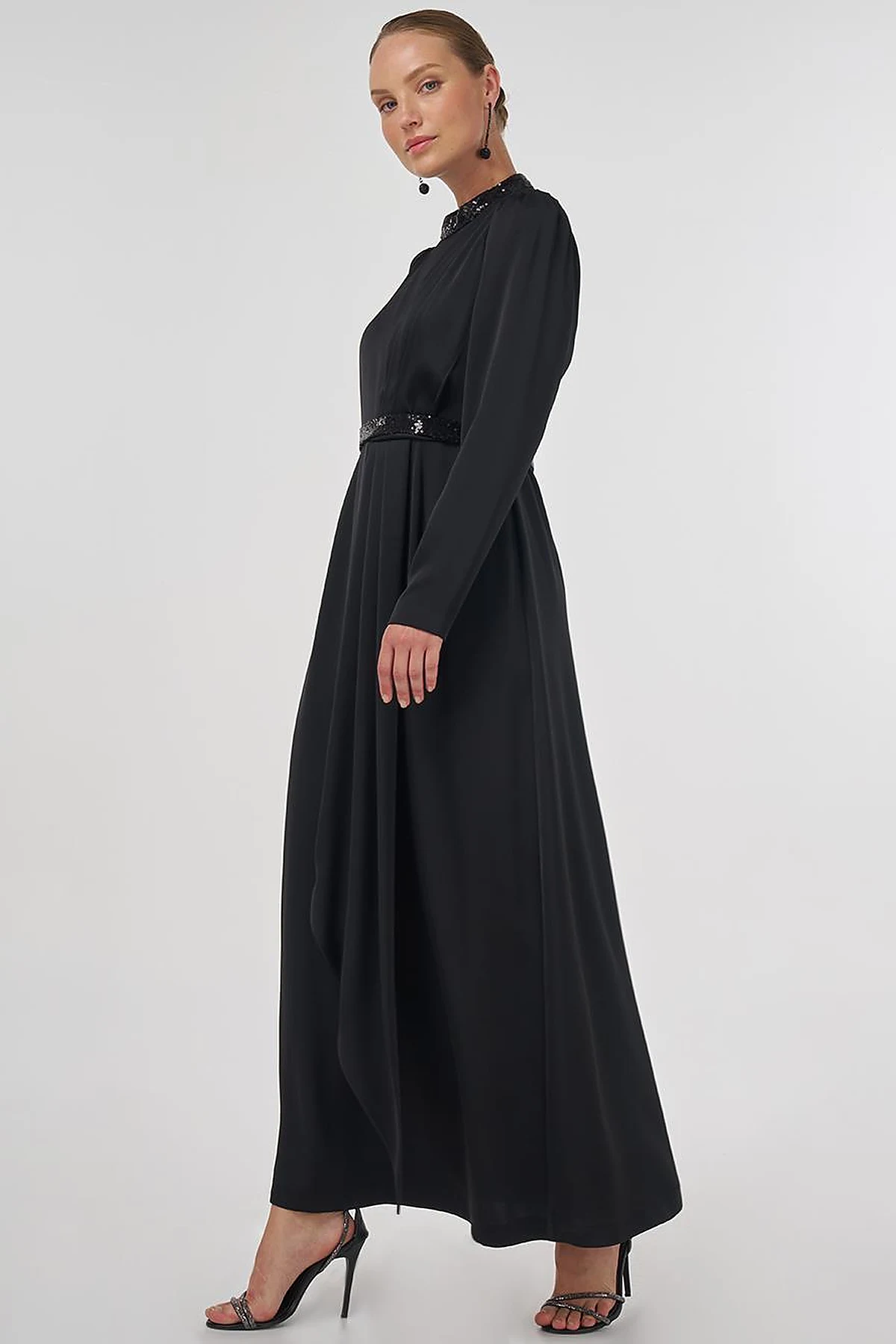 Embroidered Satin Draped Dress in Black