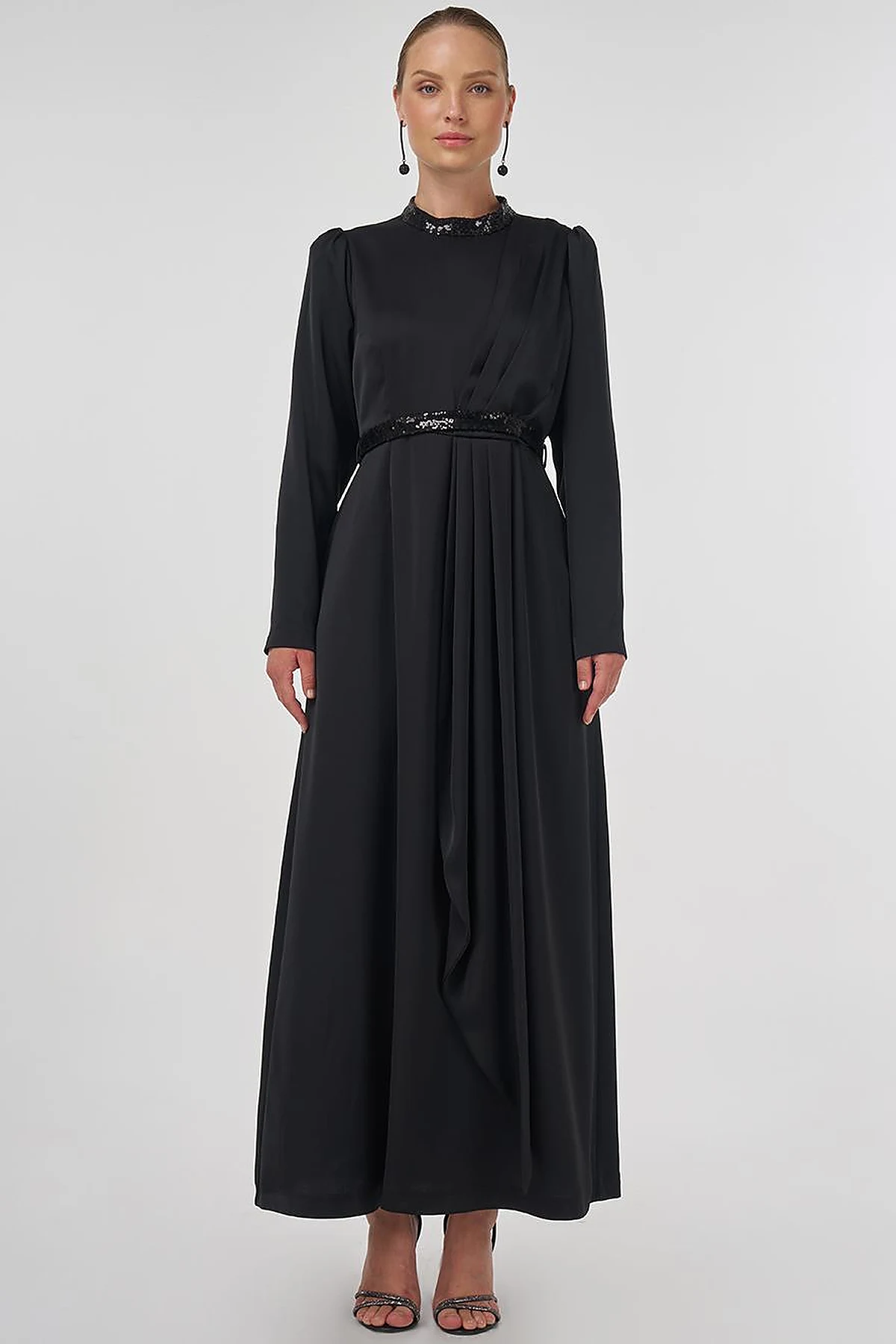 Embroidered Satin Draped Dress in Black