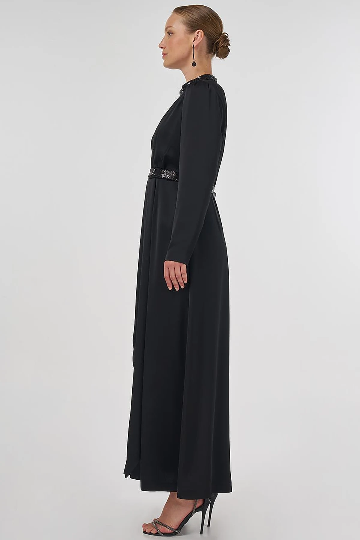 Embroidered Satin Draped Dress in Black
