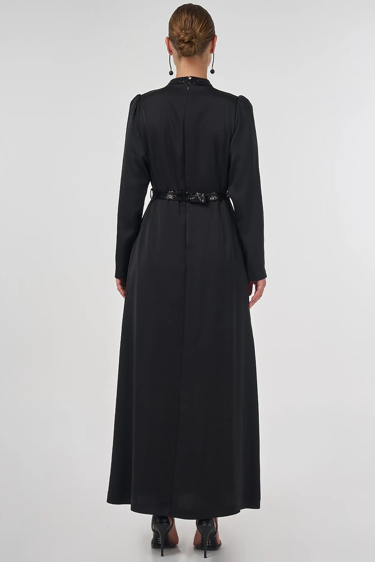 Embroidered Satin Draped Dress in Black